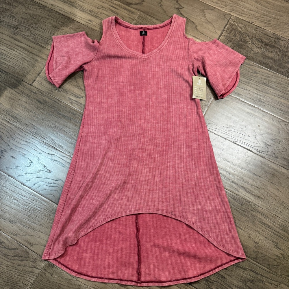 NWT Billy T Womens Red Mauve Plaid Cold Shoulder V‎ Neck Hi Low Dress Large